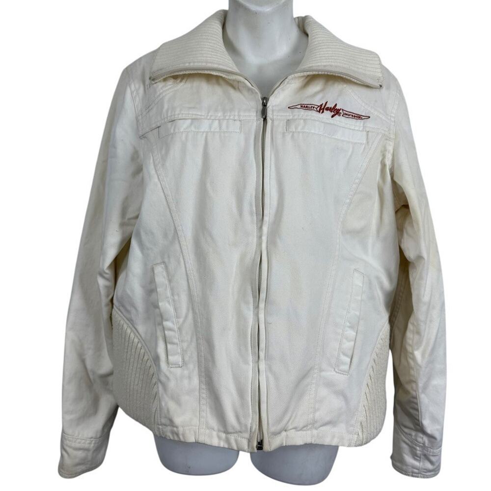 Harley Davidson Motorcycles Biker Womens Jacket Canvas Ivory Embroidered sz L